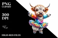 Baby Highland Cow in Lyrical Dancer's Outfit, Printable PNG Product Image 1