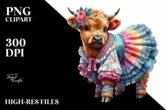 Baby Highland Cow with Dancer's Outfit, Watercolor PNG Product Image 1