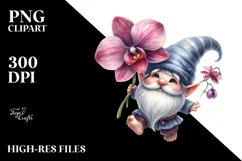 Watercolor Gnome with Large Orchid, PNG Product Image 2