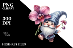 Watercolor Gnome with Large Orchid, PNG Product Image 2