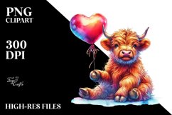 Colorful Baby Highland Cow with Heart Balloon, PNG Product Image 3