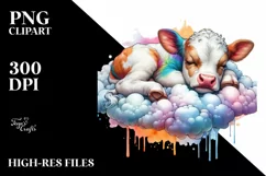 Colorful Baby Cow Napping on Cloud, PNG Product Image 1