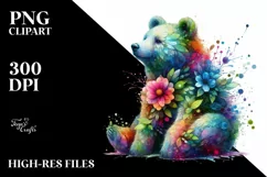 Vibrant Bear with Flowers and Splashes, PNG Product Image 1
