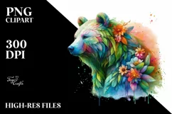 Vibrant Bear with Flowers and Splashes, PNG Product Image 1