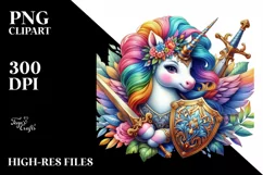 Colorful Baby Unicorn with Shield and Sword, PNG Product Image 1