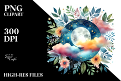 Vibrant Watercolor Boho Moon and Clouds | Clipart Product Image 2