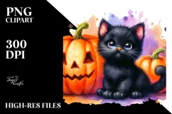 cute Baby Black Cat with Pumpkin | Clipart Product Image 1