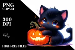 cute Baby Black Cat with Pumpkin | Clipart Product Image 1