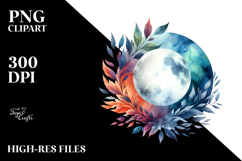Vibrant Watercolor Abstract Moon and Foliage | Clipart Product Image 2