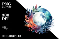 Vibrant Watercolor Abstract Moon and Foliage | Clipart Product Image 2