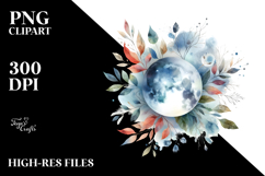 Vibrant Watercolor Abstract Moon and Foliage | Clipart Product Image 2