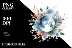 Vibrant Watercolor Abstract Moon and Foliage | Clipart Product Image 2