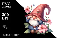 Cute Gnome with Big Hat and Impatiens, PNG Product Image 2