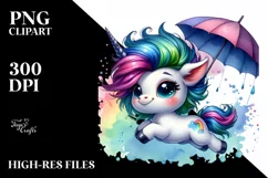 Funny Baby Unicorn Jumping with Umbrella, Transparent PNG Product Image 1
