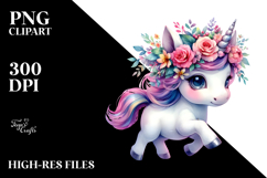 Cute Unicorn Running with Floral Wreath PNG Product Image 2
