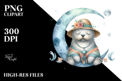 Watercolor Boho Baby Walrus Sleeping on the Moon Clipart Product Image 2