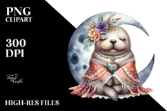 Watercolor Boho Baby Walrus Sleeping on the Moon Clipart Product Image 2