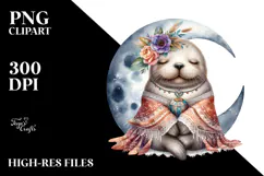 Watercolor Boho Baby Walrus Sleeping on the Moon Clipart Product Image 2