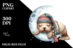 Watercolor Boho Baby Walrus Sleeping on the Moon Clipart Product Image 2