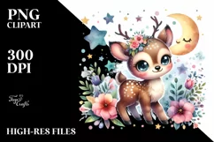 Colorful Small Baby Reindeer with Moon and Flowers | Clipart Product Image 3