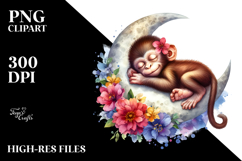 Vibrant Watercolor Baby Monkey Sleeping on the Moon Clipart Product Image 2