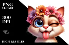 Exaggerated Cartoon Cat with Flower Crown PNG Product Image 2