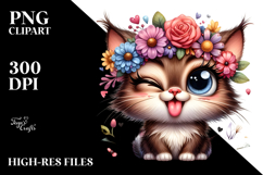 Exaggerated Cartoon Cat with Flower Crown PNG Product Image 2