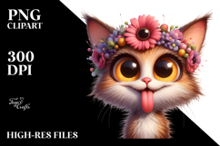 Exaggerated Cartoon Cat with Flower Crown PNG Product Image 2