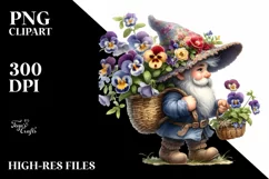 Small Gnome Carrying Large Pansy Bouquet | Clipart Product Image 3