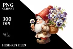Small Gnome Carrying Large Pansy Bouquet | Clipart Product Image 1