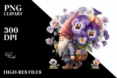 Small Gnome Carrying Large Pansy Bouquet | Clipart Product Image 1