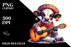 Colorful Baby Cow with Spanish Guitar, PNG Product Image 1