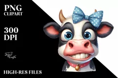 Cow Watercolor Funny Cow Portrait with Bow Product Image 1