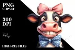 Cow Watercolor Funny Cow Portrait with Bow Product Image 1