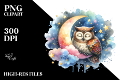 Watercolor Vibrant Owl Sleeping on the Moon Product Image 2