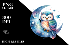 Watercolor Vibrant Owl Sleeping on the Moon Product Image 2