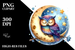 Watercolor Vibrant Owl Sleeping on the Moon Product Image 1