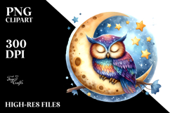Watercolor Vibrant Owl Sleeping on the Moon Product Image 2