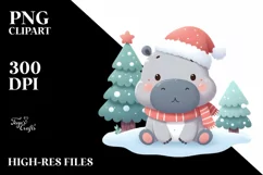 Cute Baby Hippo with Christmas Tree, PNG Product Image 3