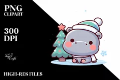 Cute Baby Hippo with Christmas Tree, PNG Product Image 1
