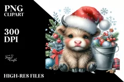 Whimsical Pastel Highland Baby Cow with Santa Hat, PNG Product Image 2