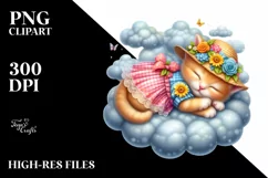 Vibrant Whimsical Baby Kitten Sleeping on the Cloud Clipart Product Image 3