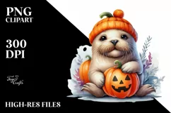Cute Baby Walrus with Pumpkin PNG Product Image 1