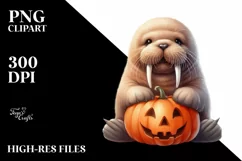 Cute Baby Walrus with Pumpkin PNG Product Image 1
