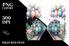Vintage Subway Train Balloons Watercolor Clipart Product Image 3