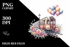 Vintage Subway Train Balloons Watercolor Clipart Product Image 1
