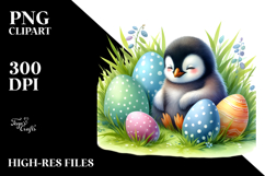 Digital Watercolor with Baby Penguin in Grass with Easter Product Image 2