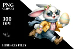 Watercolor Happy Bunny with Running Egg PNG Product Image 2
