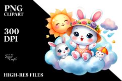 Colorful Baby Rabbit Sitting on Smiling Cloud PNG Product Image 2