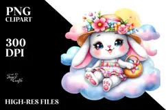 Colorful Baby Rabbit Sitting on Smiling Cloud PNG Product Image 2